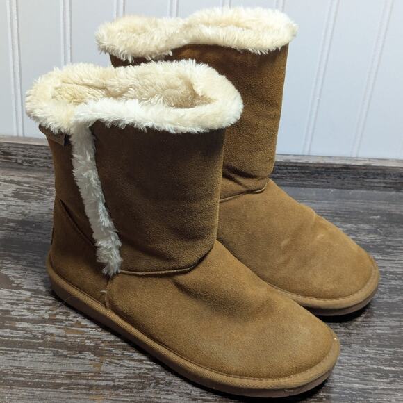 Minnetonka Women's Tan Mid Calf Suede Faux Fur Slip On Boots Size 8 M - Picture 1 of 7
